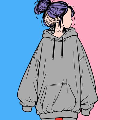 realistic girl with a oversized sweatshirt on and a bun