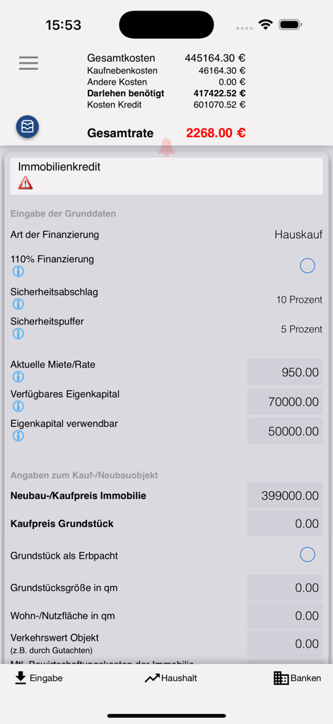 DER Gehaltsrechner - Uma interface de calculadora de empréstimo imobiliário alemão mostrando custos totais e parcelas mensais no aplicativo