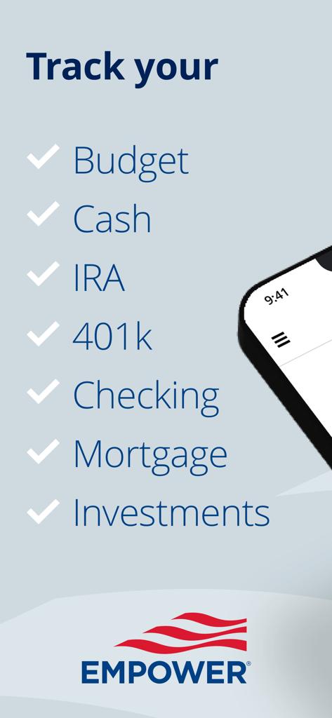 Una lista de verificación de cuentas financieras que se pueden rastrear en la aplicación Empower, que incluyen IRA, 401k, hipoteca e inversiones