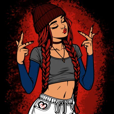 realistic teenage girl with braids and a beanie and crop top doing 🫶🏼
