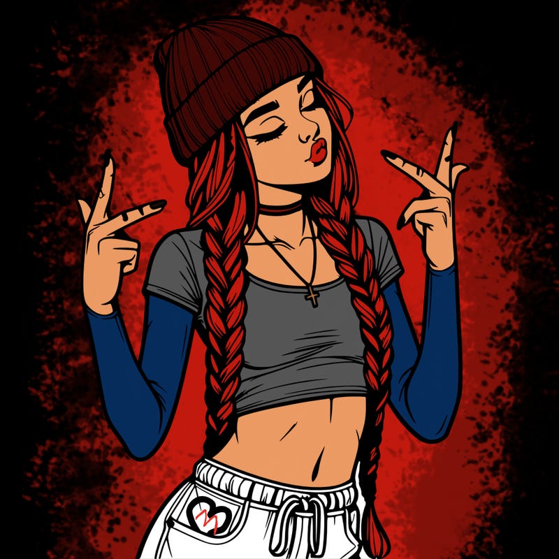 realistic teenage girl with braids and a beanie and crop top doing 🫶🏼