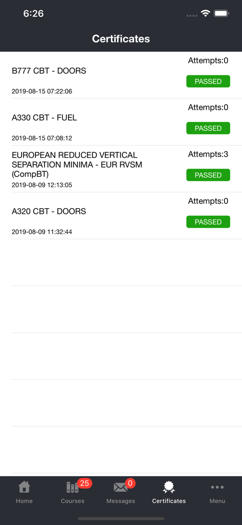 Flyco - Interface of the Flyco app showing a list of passed aviation training certificates