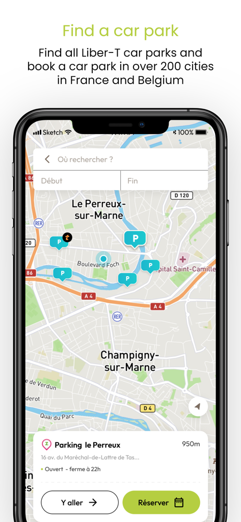 Map view in the Bip and Go app showing available parking spaces and reservation options in France and Belgium.