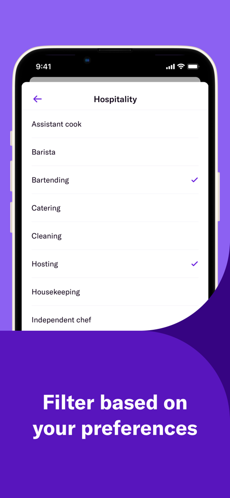 Temper | Flex Work and Gigs - A mobile interface for the Temper app showing a list of hospitality job roles like barista and bartender with checkboxes to filter preferences.