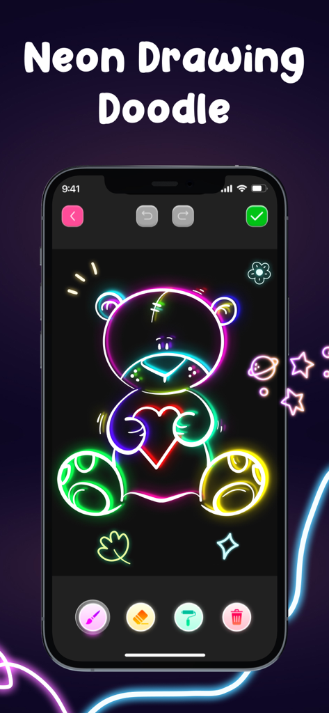 Doodle Art: Neon Glow Drawing - A neon glowing drawing of a teddy bear holding a heart on a mobile phone screen.
