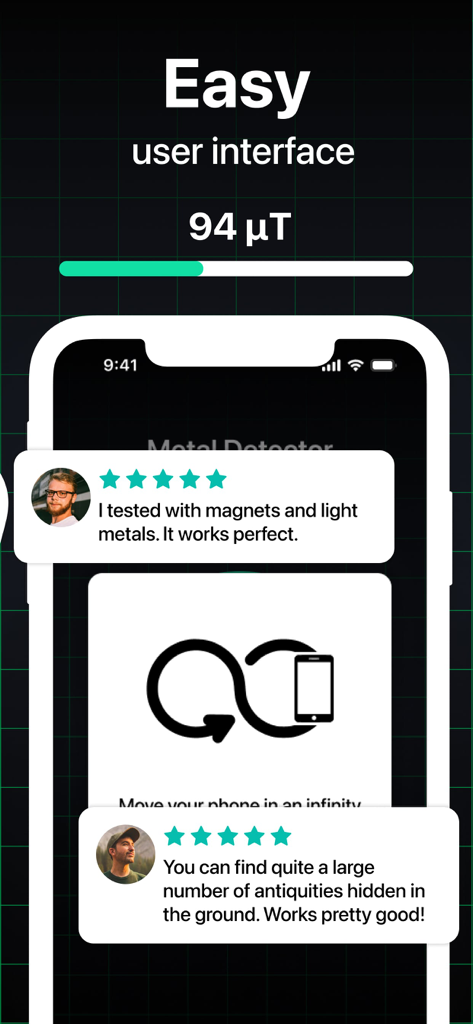 MetFind metal detector app interface displaying magnetic field measurements and five star user reviews