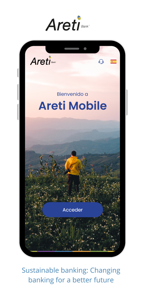 Areti Mobile - L'écran d'accueil de l'application Areti Mobile avec un fond naturel pittoresque et le message 'Banque durable. Changement de la banque pour un avenir meilleur.'