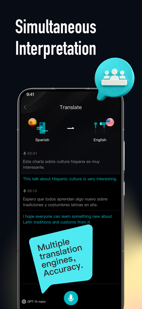 Interpretación de voz simultánea en tiempo real de español a inglés en la aplicación BitDynamic