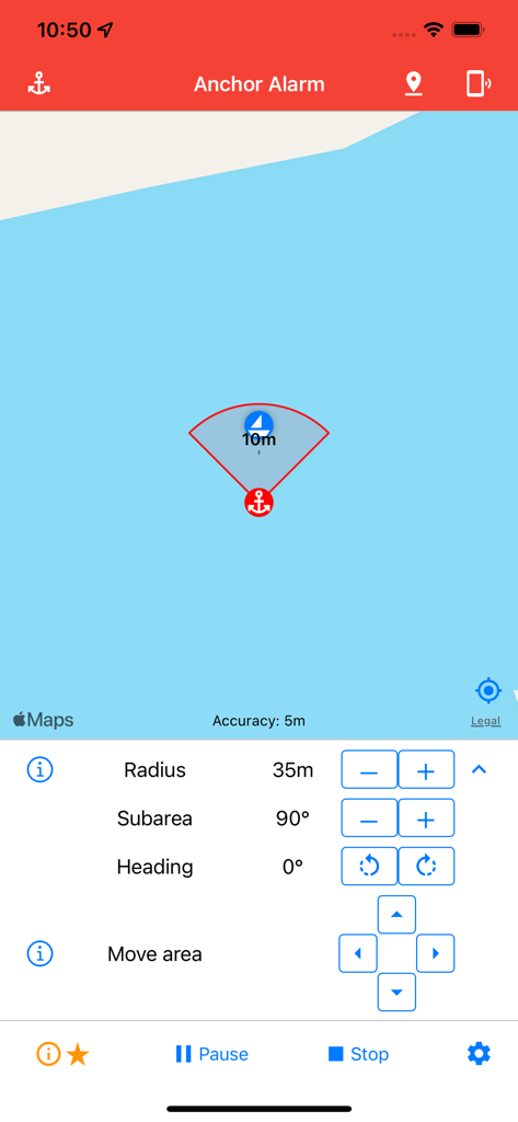 Anchor Alarm app interface showing boat position and safety radius on a map