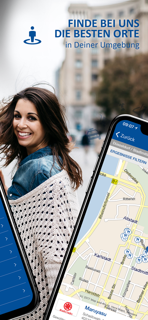 Das Örtliche Telefonbuch - Interfaz de la aplicación Das Oertliche mostrando un mapa de Düsseldorf con ubicaciones de negocios locales