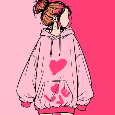 realistic girl with a oversized sweatshirt on and a bun