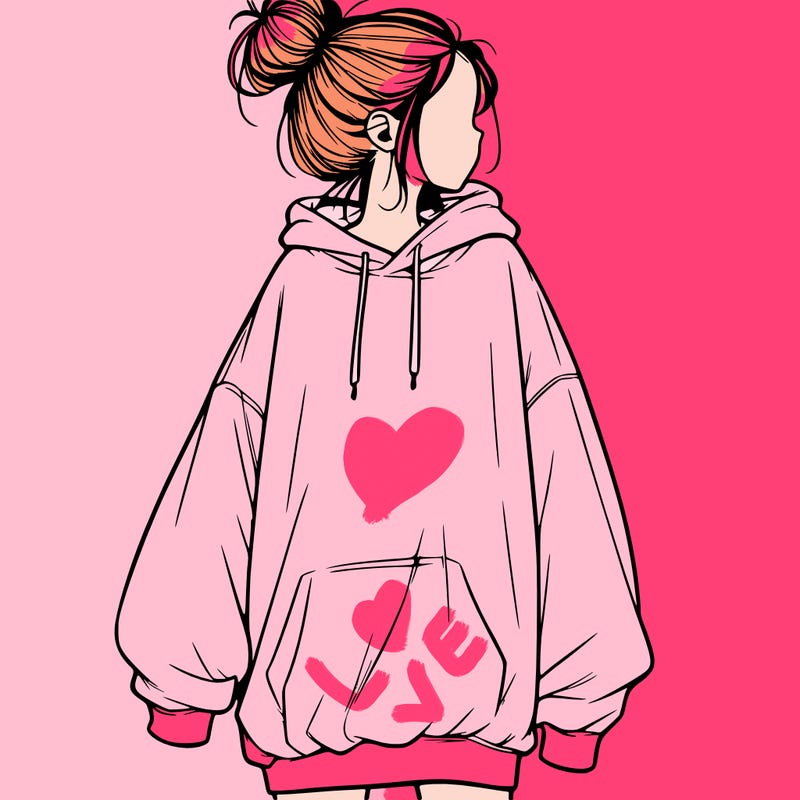 realistic girl with a oversized sweatshirt on and a bun