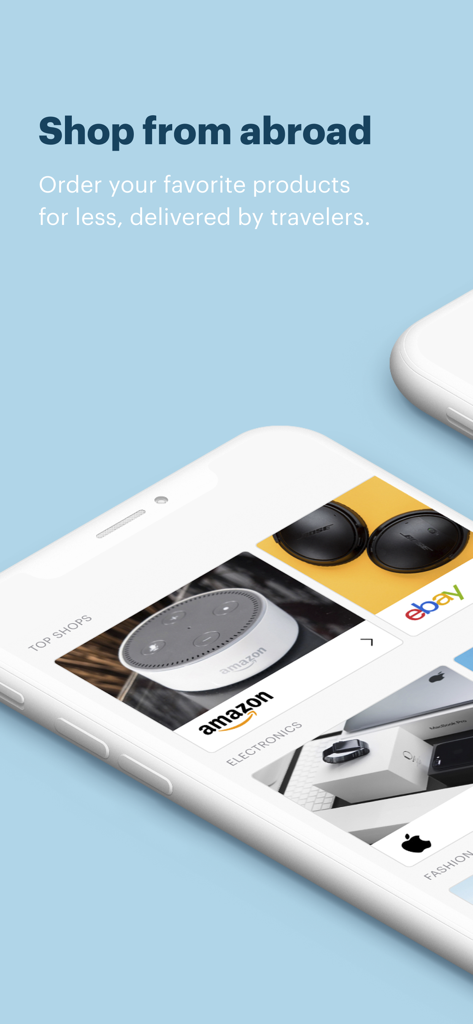 Grabr - Global Shopping - Smartphone displaying the Grabr app interface with the heading Shop from abroad and categories for Amazon and eBay products