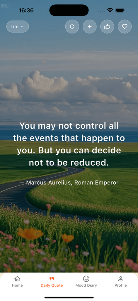 Zetto app daily quote screen showing a motivational Marcus Aurelius quote over a scenic green landscape background.