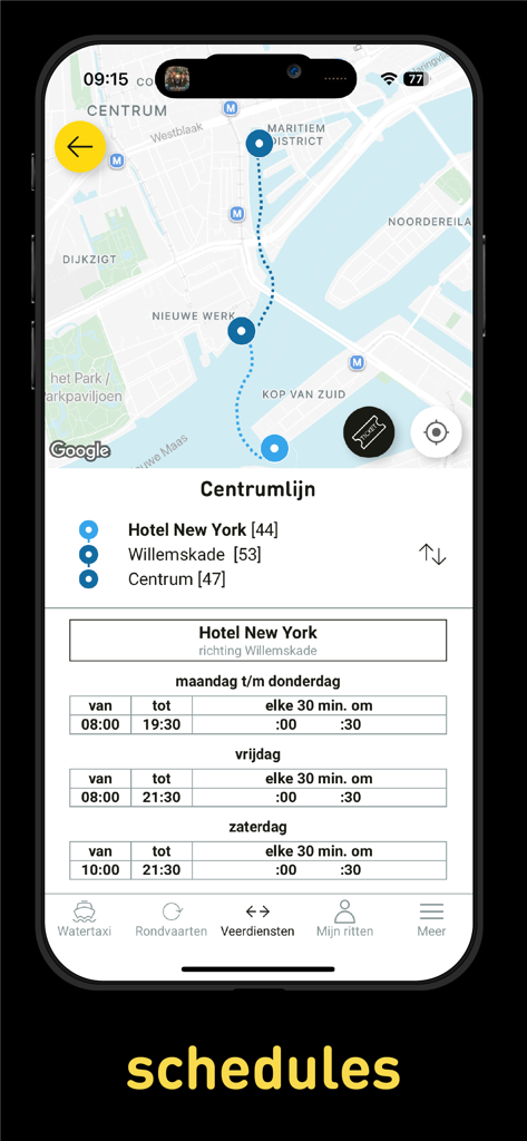 Watertaxi Rotterdam - Watertaxi Rotterdam app interface showing a ferry route map and a weekly departure schedule table.