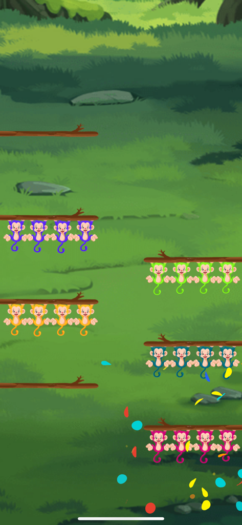 Des singes colorés triés par couleur sur des branches d'arbres dans un décor de forêt