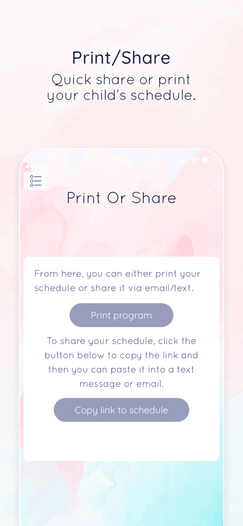 Moms on Call Scheduler app screen showing options to print the childs schedule or copy a link to share with caregivers