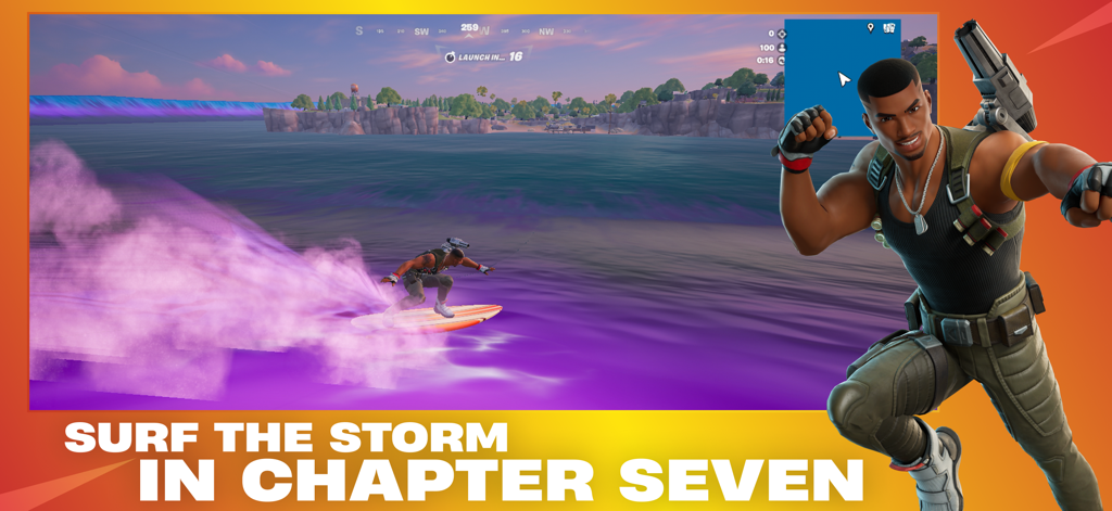 Fortnite - Un personaje surfeando sobre agua morada en Fortnite Capítulo Siete