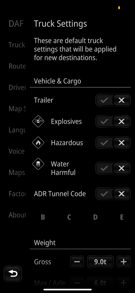 DAF Truck Navigation - DAF Truck Navigation settings menu for vehicle cargo and weight