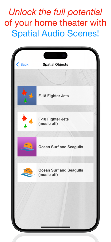 ホームシアターのキャリブレーションのために、戦闘機や海の波を含む空間オーディオテストシーンのリストを表示する iPhone