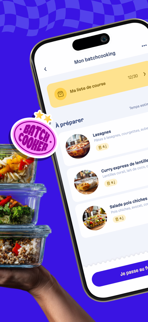 Basta app interface showing a meal planning list and a person holding prepared meal containers.
