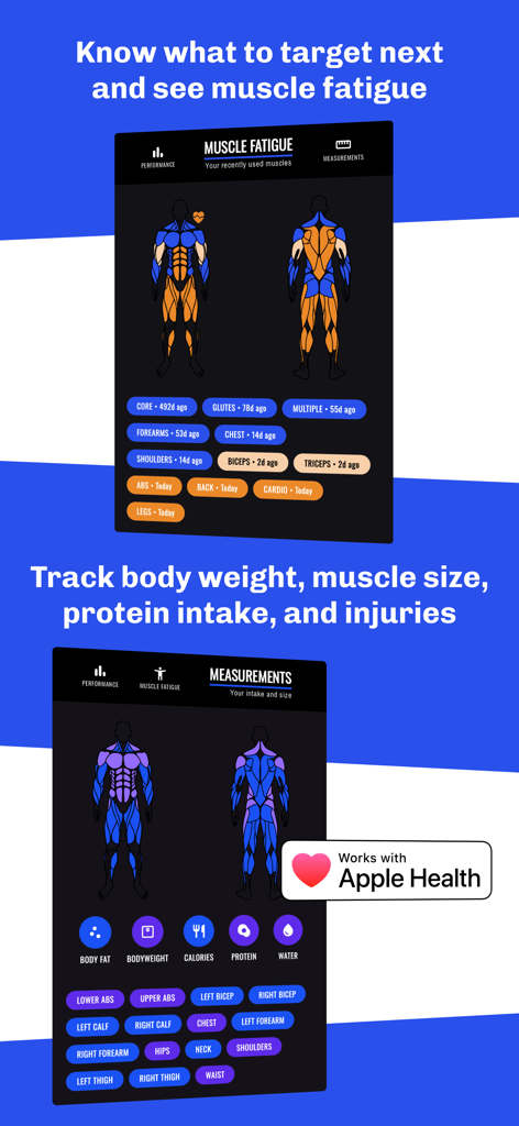 Gym Log Workout Tracker LEGEND - Pantallas de seguimiento de fatiga muscular y medidas corporales en la aplicación LEGEND de Registro de Gimnasio