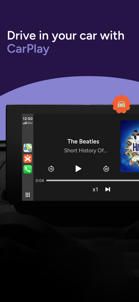 Interfaz de la aplicación de podcast iVoox mostrada en la pantalla del salpicadero de un coche con Apple CarPlay