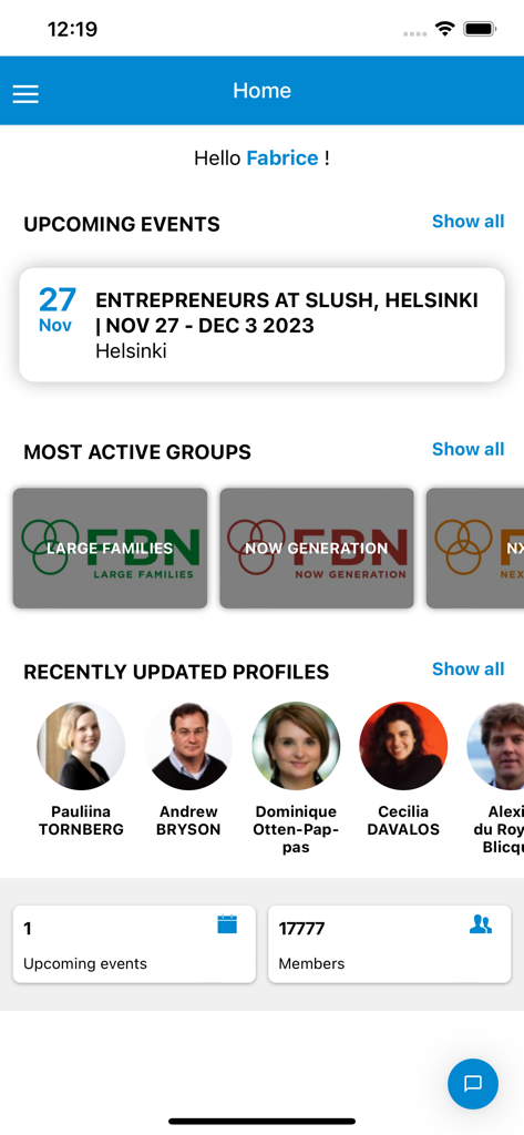 FBN Connect - Home dashboard of the FBN Connect app featuring upcoming events active business groups and recent member profile updates