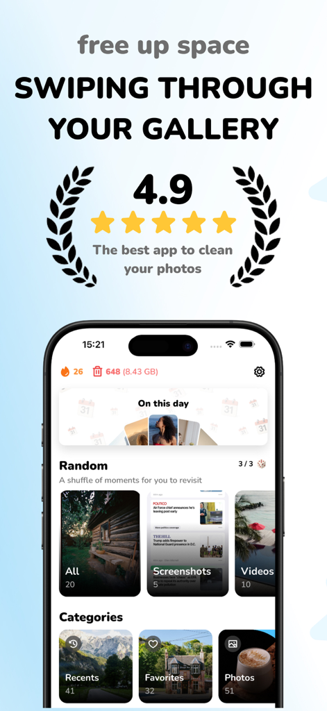 iPhone screen showing Favvy app with photo cleaning categories and high rating