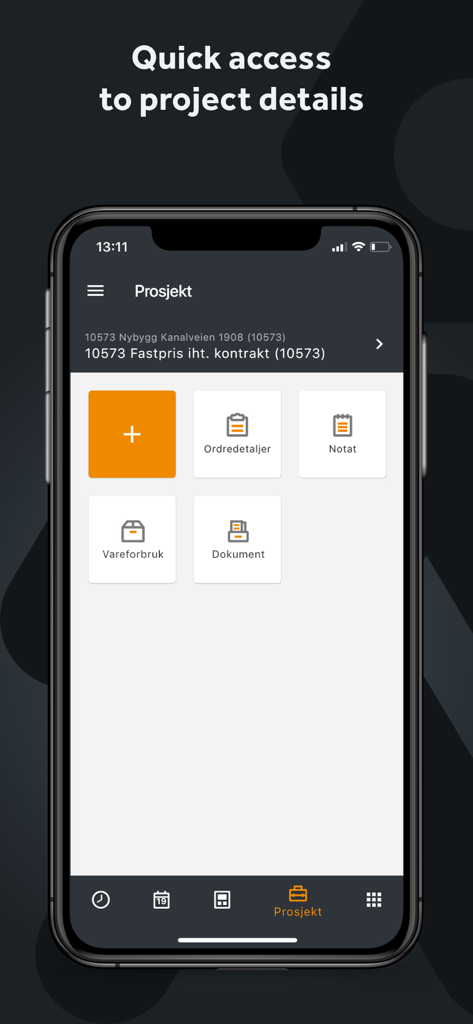 Mobile Worker - Smartphone screen displaying the project details dashboard of the Mobile Worker app for construction management.