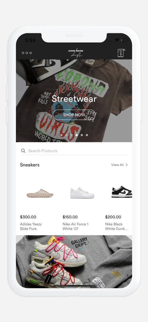 Showroom LA - La pantalla de inicio de la aplicación Showroom LA mostrando sneakers raras y ropa streetwear de primera calidad