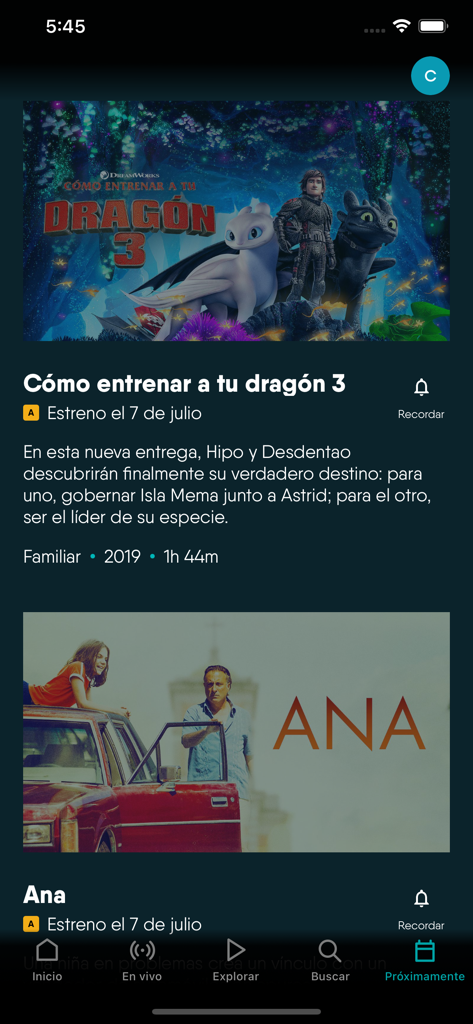 Antel TV - Antel TV app interface showing the upcoming content section with movie titles and descriptions in Spanish