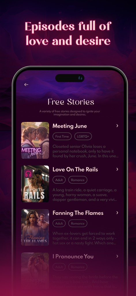 Sensual: Spicy Erotic Stories - Interfaccia iPhone dell'app Sensual che mostra un catalogo di storie romantiche ed erotiche gratuite con immagini di copertina.
