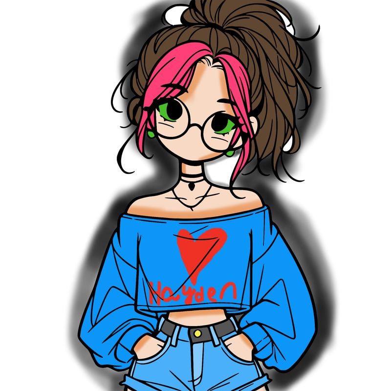 girl with a messy ponytail glasses a baggy crop top and jean shorts