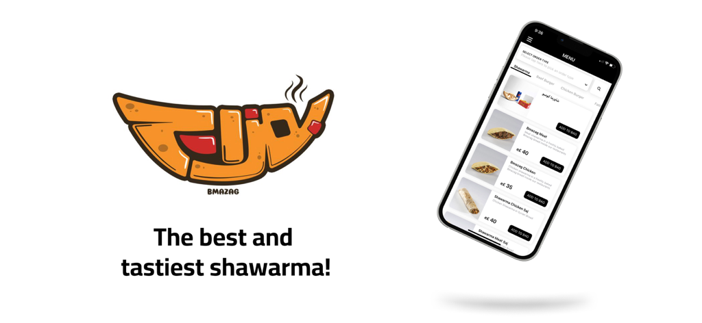 Bmazag | بمزاج - Bmazag mobile app showing the Egyptian shawarma menu and logo