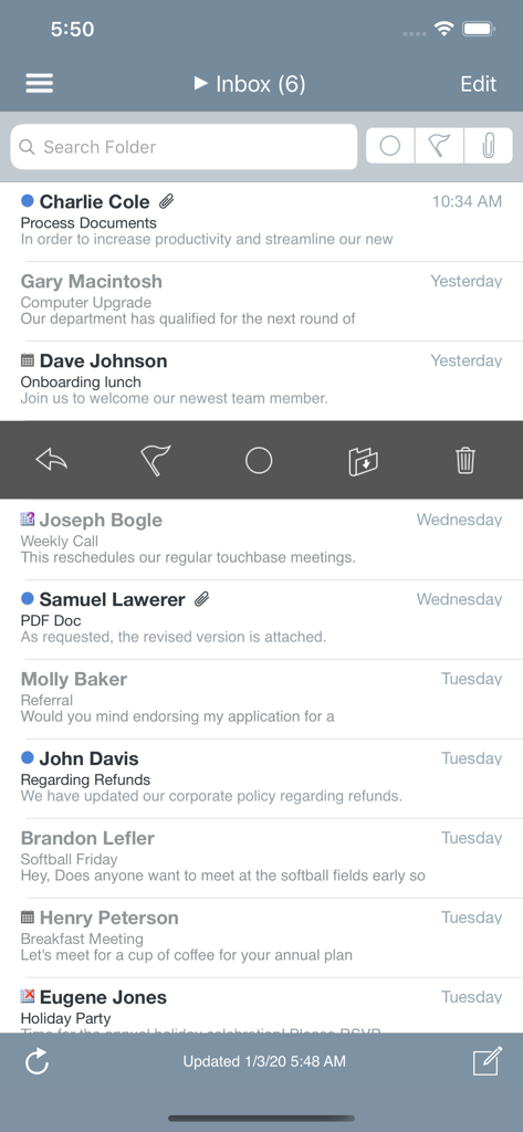 Mail+ for Outlook - La pantalla de la bandeja de entrada de Mail+ para Outlook mostrando una lista de correos electrónicos de negocios y herramientas de productividad.