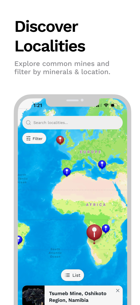 Prospector Minerals - A world map interface in the Prospector Minerals app showing various mining localities and pins across Africa and Europe.