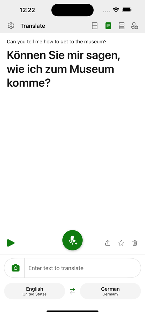 Interfaccia dell'app Microsoft Translator che mostra una traduzione dall'inglese al tedesco di una frase di viaggio