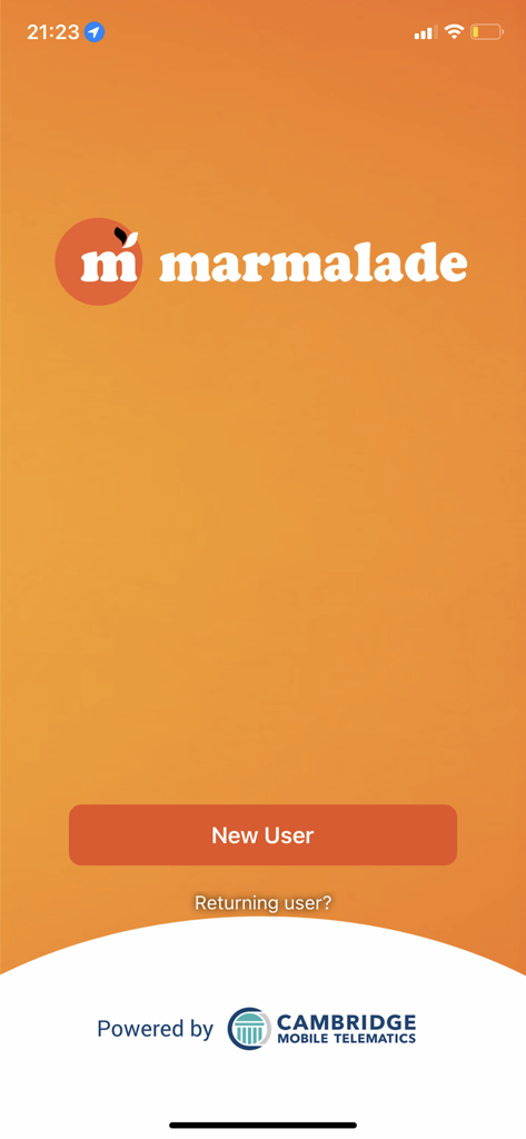 Marmalade Insurance - Marmalade Insurance app welcome screen with New User button and Cambridge Mobile Telematics logo