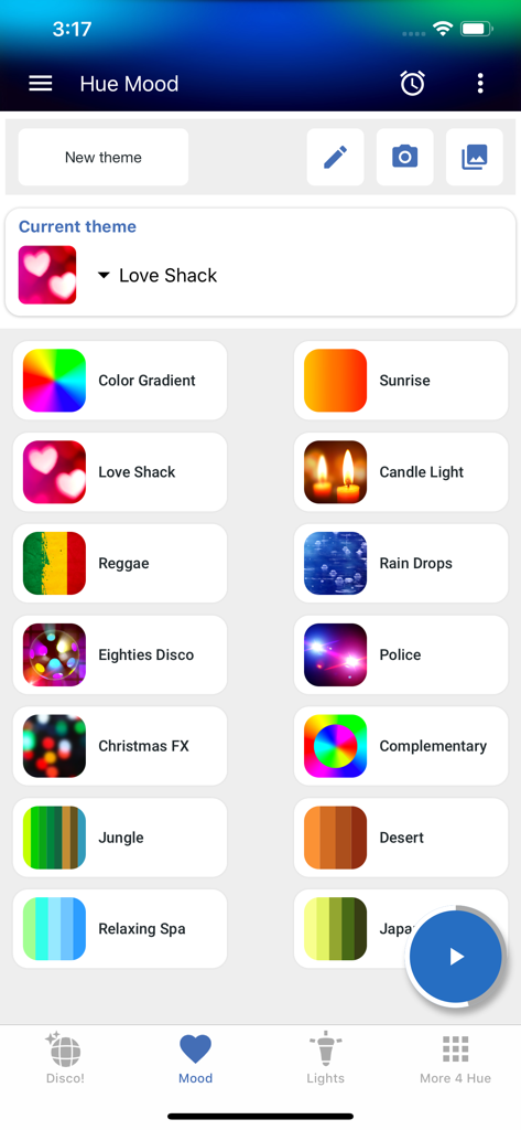 Hue Disco - Interface of the Hue Disco app showing a collection of color themes for Philips Hue lights including Sunrise and Eighties Disco.