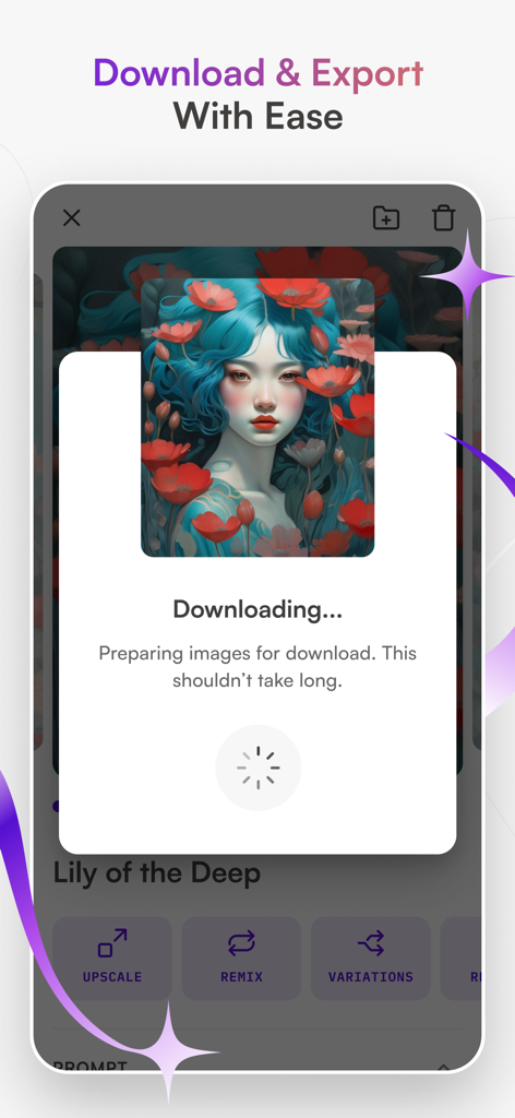 Interfaz de la app starryai que muestra una ventana emergente descargando un retrato generado por IA de una mujer con cabello azul