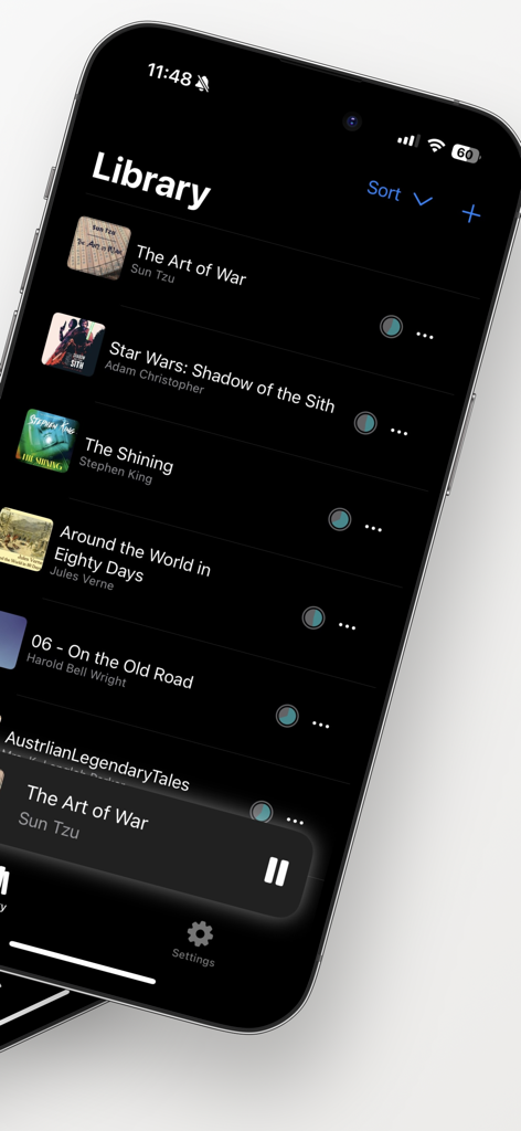 The library screen of the Booken app on an iPhone displaying a collection of audiobooks in dark mode
