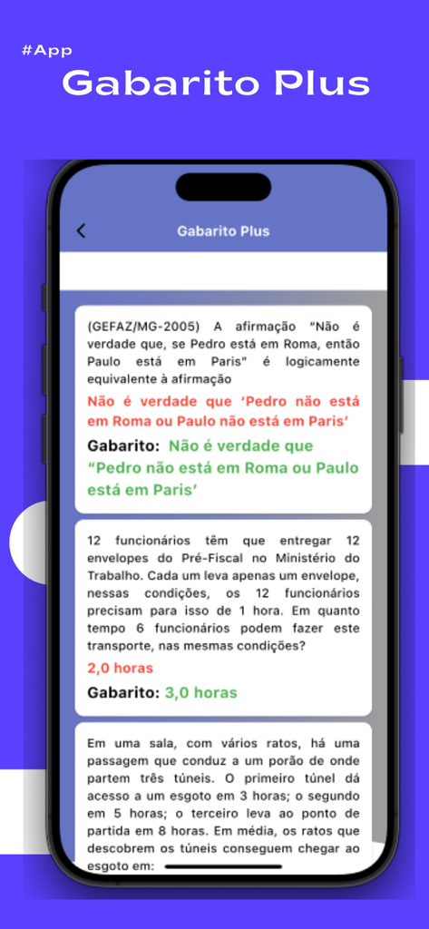 Português Concursos - Captura de pantalla de la app Português Concursos que muestra preguntas de razonamiento lógico y claves de respuesta para la preparación de exámenes.