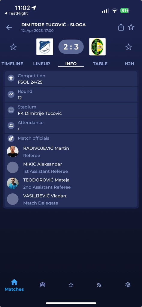 FSS Live app screenshot displaying match information including score stadium and list of referees