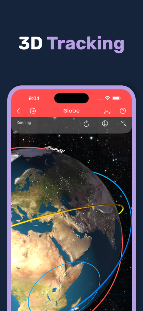 Globo terrestre 3D in tempo reale che mostra i percorsi orbitali dei satelliti e le luci della città
