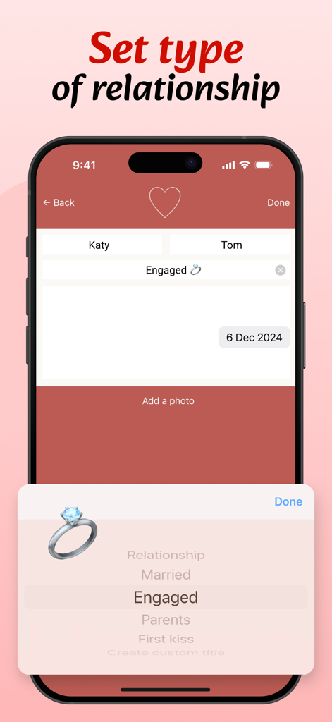 Bildschirm, der Beziehungsstatus-Optionen wie Verlobt und Verheiratet in der Love Counter App anzeigt.