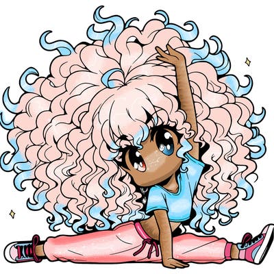 an anime girl with really curly hair doing a split in the air