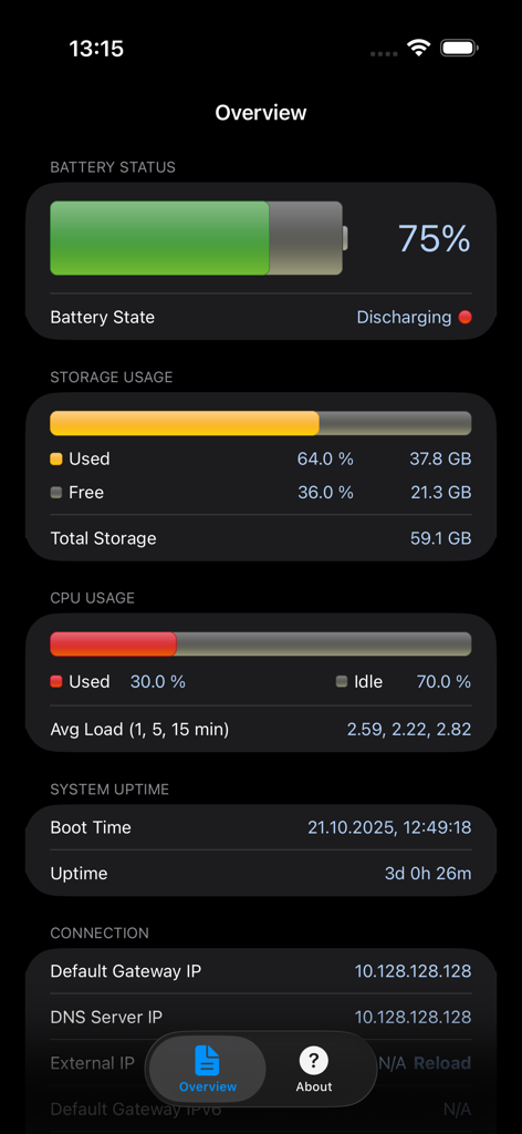 Captura de pantalla de la descripción general de la aplicación de monitoreo de hardware que muestra estadísticas de batería y almacenamiento.