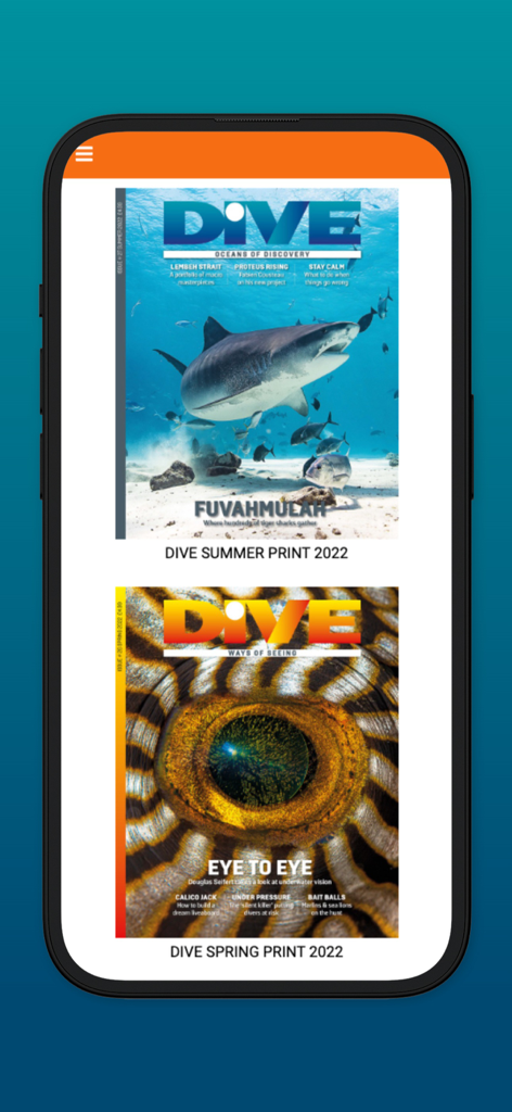 DIVE Magazine - Interfaccia dell'app DIVE Magazine che mostra edizioni digitali dell'estate e della primavera 2022 con fotografia subacquea di alta qualità