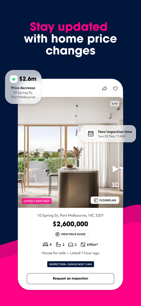 Homely app property listing screen with price decrease and inspection time notifications